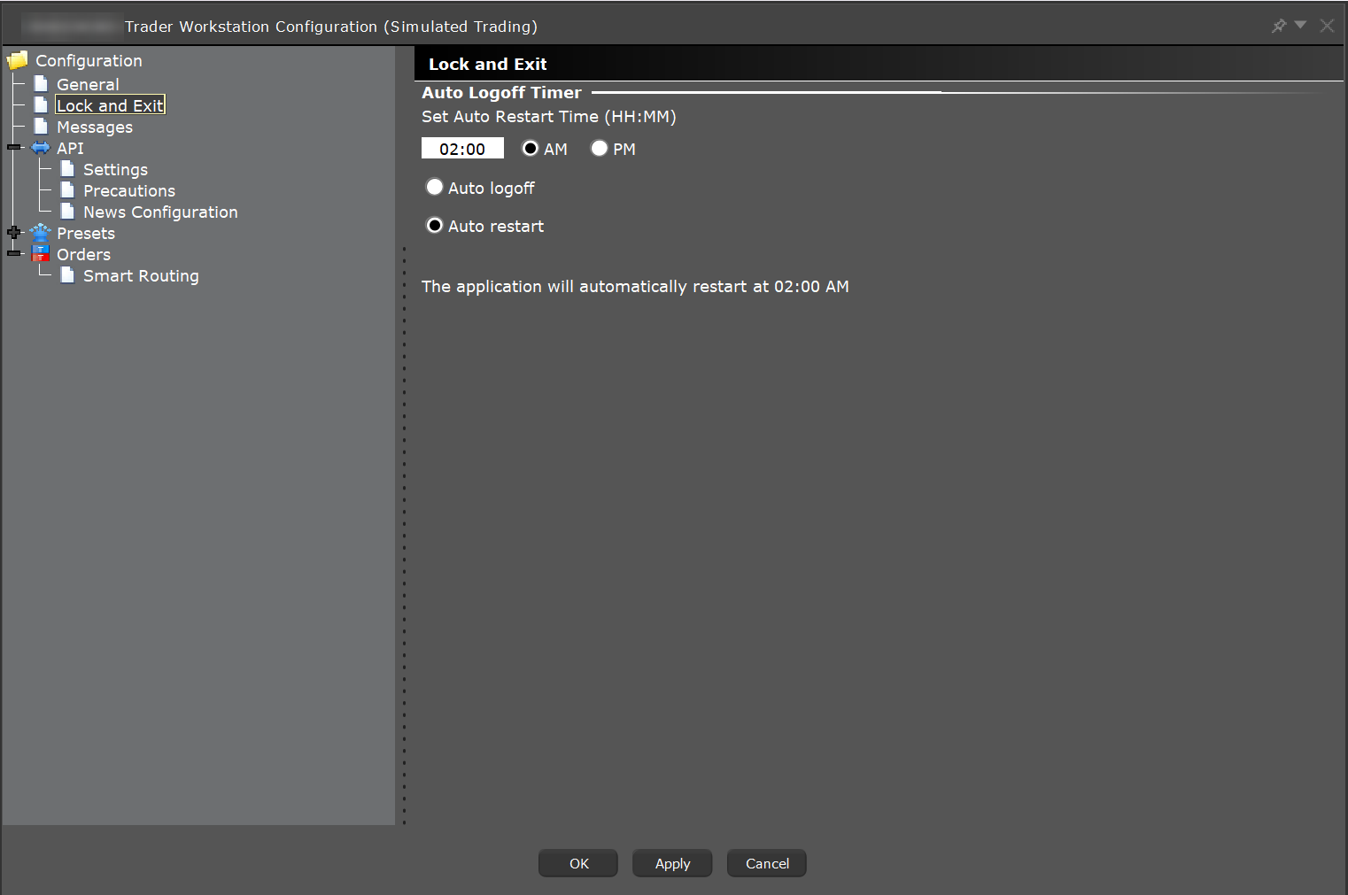 IB Gateway's configuration window on Lock and Exit, with Auto restart selected at 2:00 AM