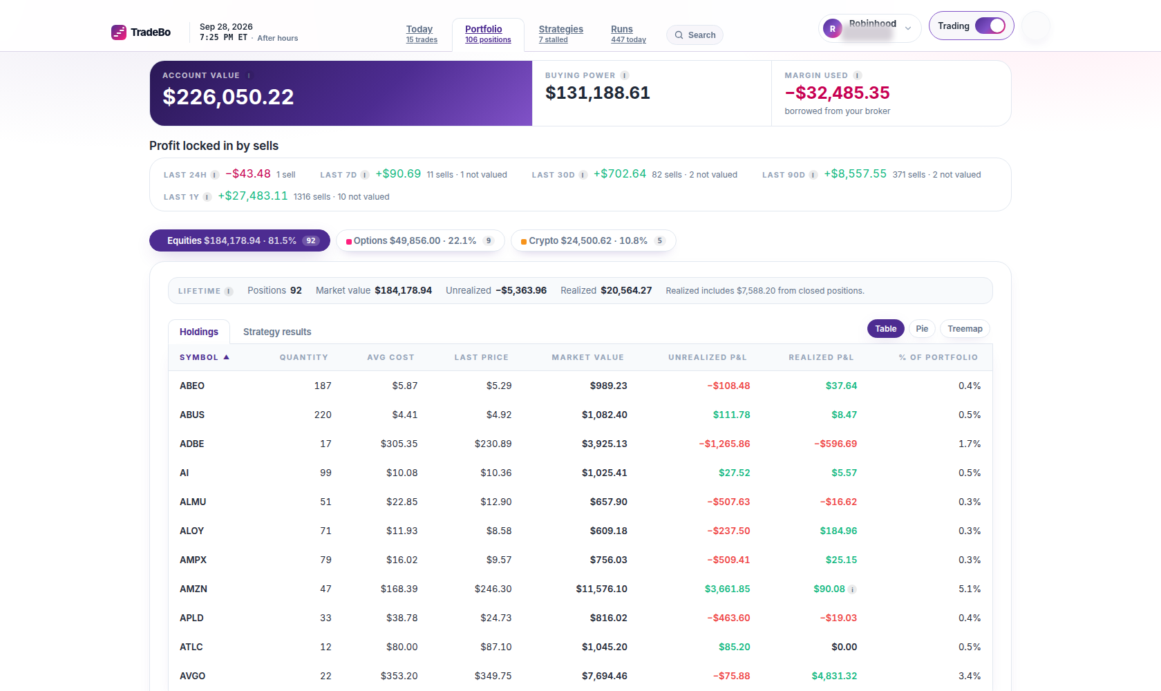 Portfolio asset type distribution and account balances