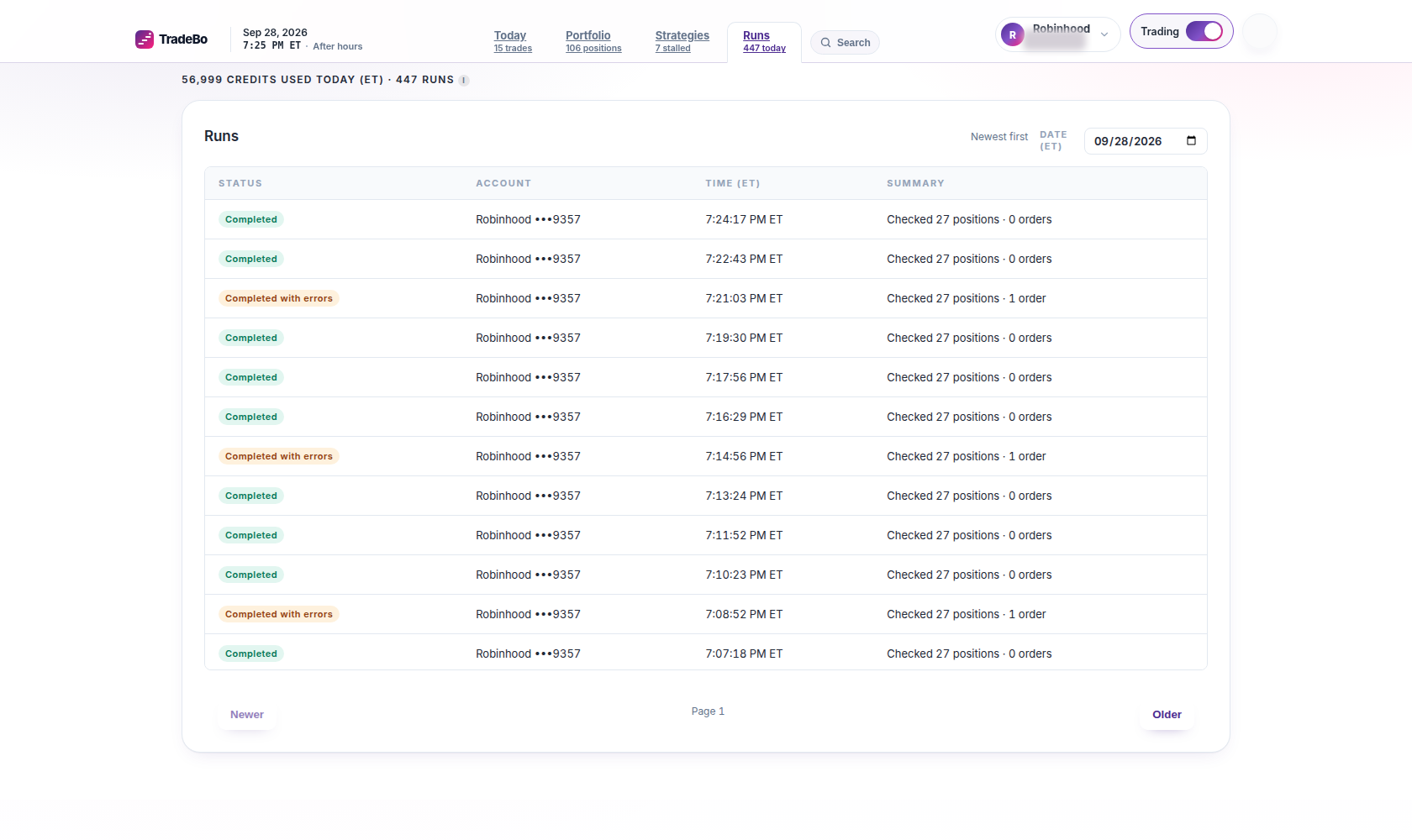 Runs list view in TradeBo